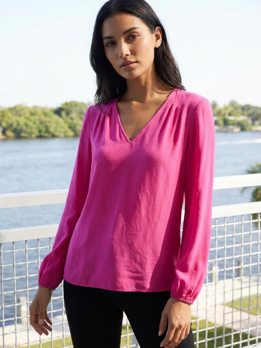 100% Silk Diane von Furstenberg Hot Pink V-Neck Silk Blouse